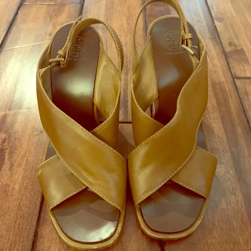 Brown Leather Tory Burch Wedge Sandals